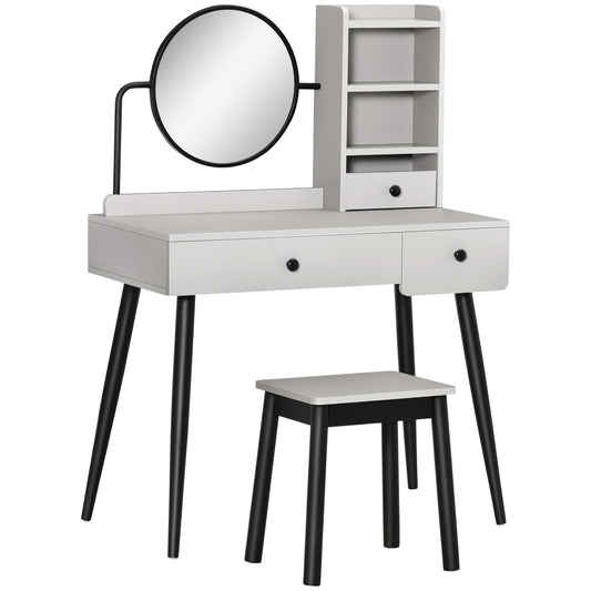 Photo of HOMCOM Dressing Table Set with Mirror and Stool, Vanity Makeup Table with 3 Drawers and Open Shelves for Bedroom, Living Room, Grey in Grey colour on a white background