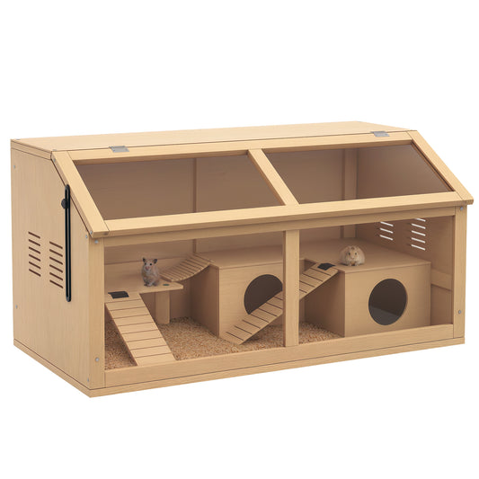 Photo of PawHut Hamster Cage, Wooden Small Animal Cage for Gerbils, Mice w/ Suspension Bridge, Openable Top, Hut, 85 x 45 x 44cm Nature in Nature colour on a white background