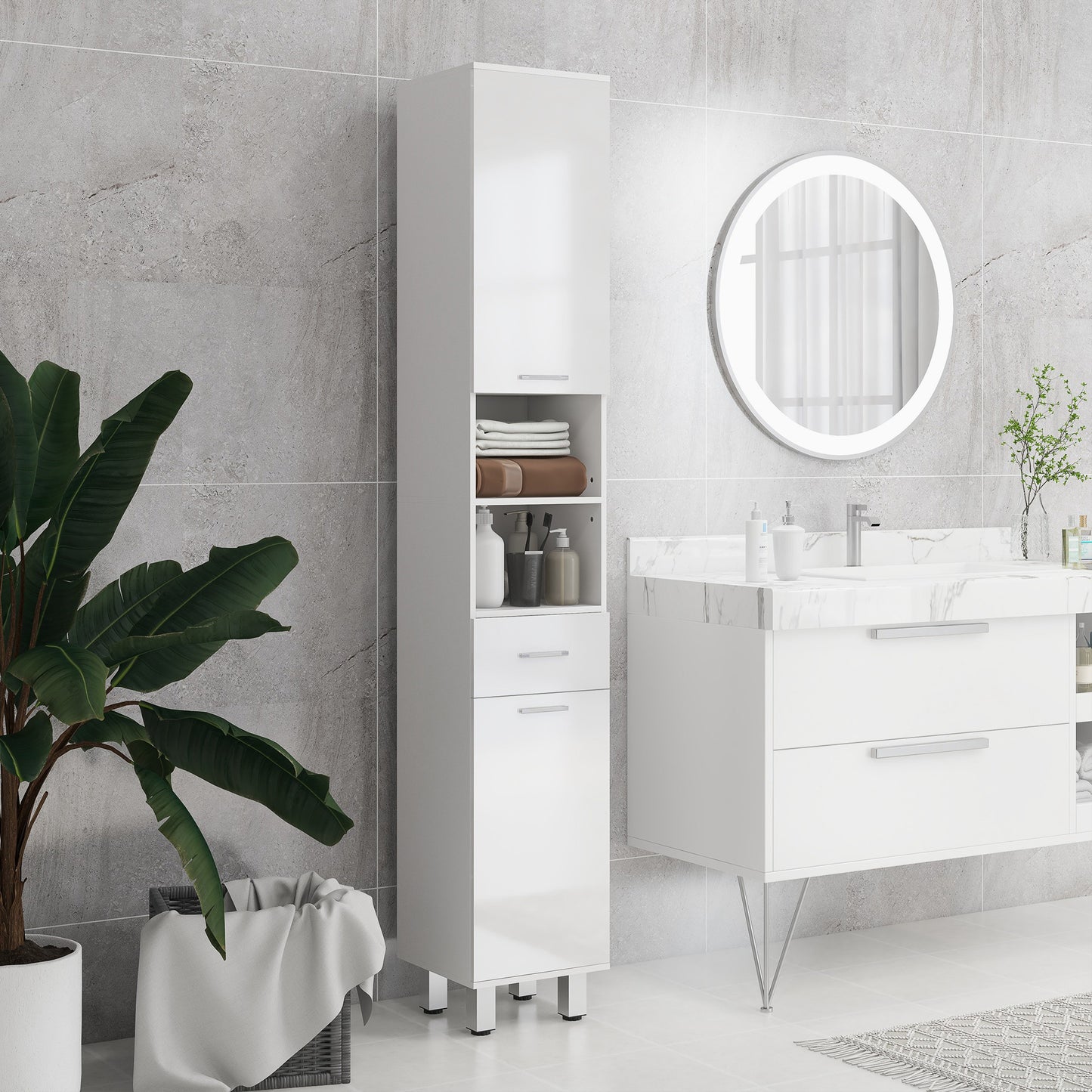 kleankin 71" Tall Slim Bathroom Storage Cabinet, Tall Narrow Cupboard with Drawer, Open Shelves, 2 Doors Cabinets and Adjustable Shelves for Kitchen, Hallway, Living Room, High Gloss White