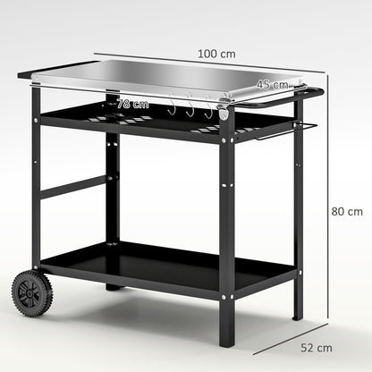 Barbecue cart with stainless steel top, two shelves and wheels; dimensions shown