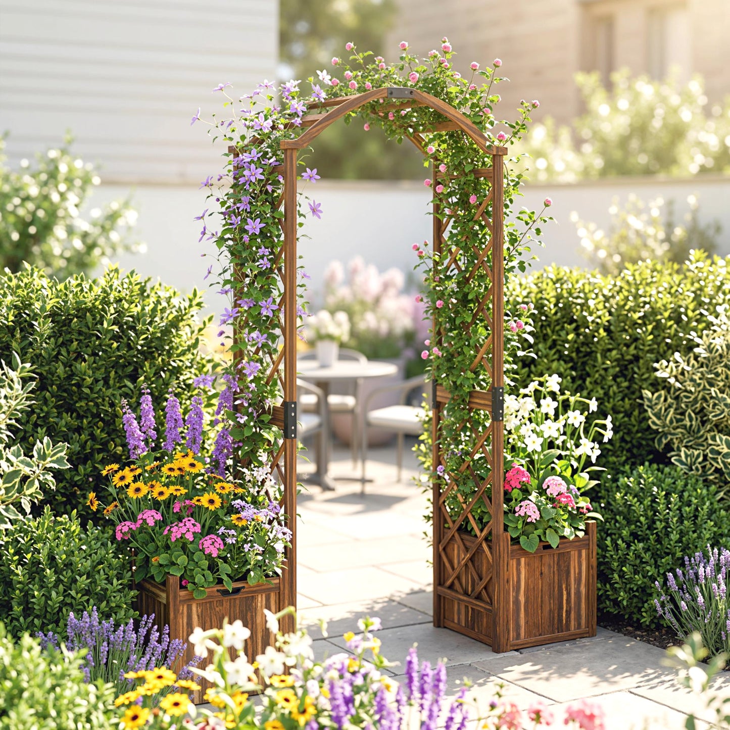 Outsunny Wooden Garden Arch with 2 Planter Boxes, Outdoor Rose Arch Trellis for Climbing Vines, Carbonised
