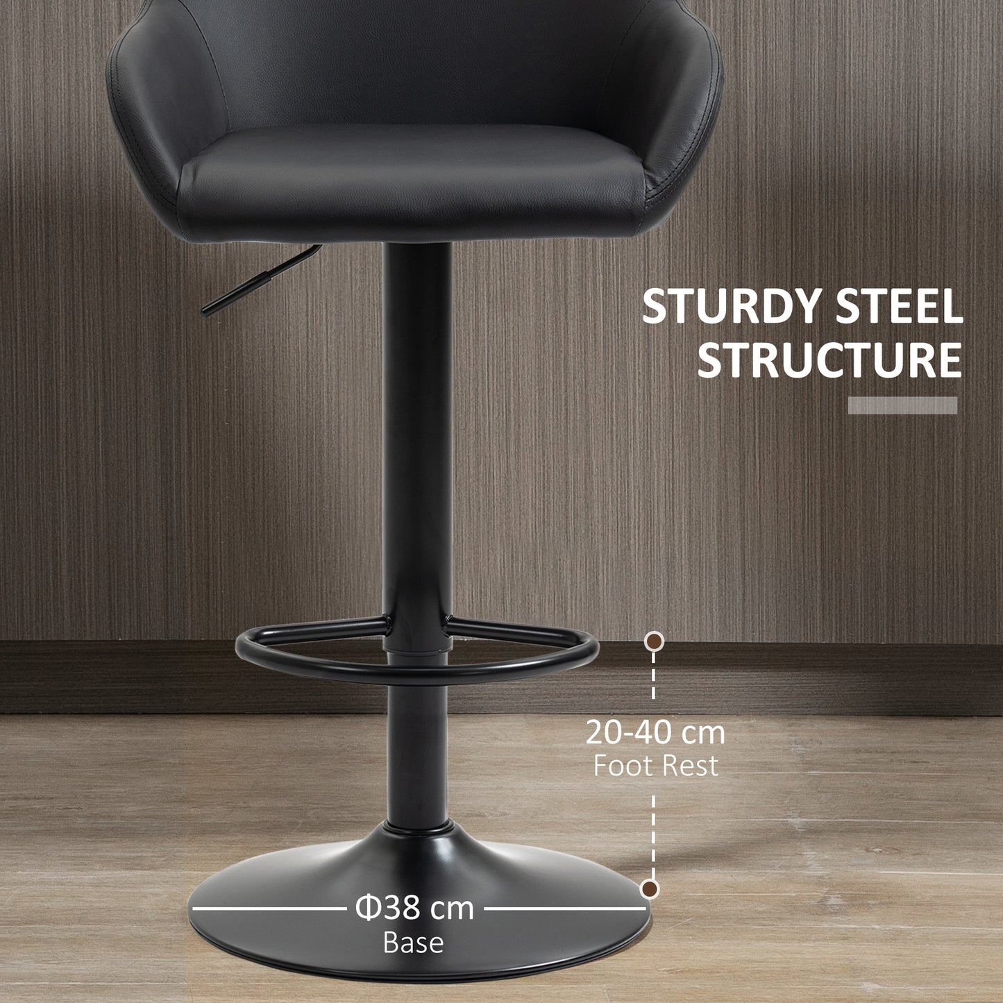 HOMCOM Adjustable Bar Stools Set of 2, Swivel PU Leather Barstools with Backrest & Footrest, Black