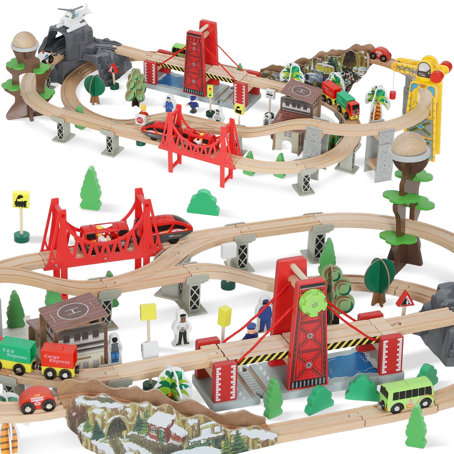 Photo of AIYAPLAY 100 Piece Wooden Train Set for Kids 3+ Years with Track, Crane, Battery Operated Train in Train colour on a white background