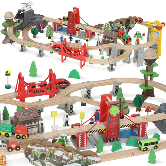 Photo of AIYAPLAY 100 Piece Wooden Train Set for Kids 3+ Years with Track, Crane, Battery Operated Train in Train colour on a white background