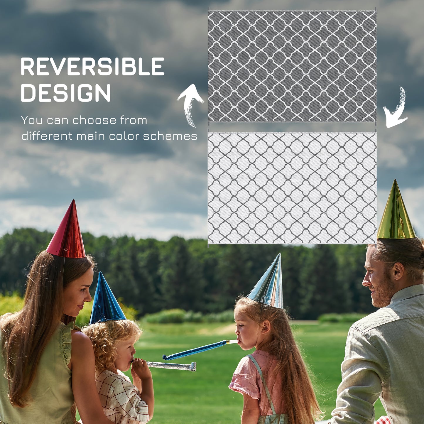Outsunny Reversible Outdoor Rug with Carry Bag, Waterproof Plastic Straw Mat for Garden, Deck, RV, Picnic, Beach, Camping, 182 x 274cm, Grey