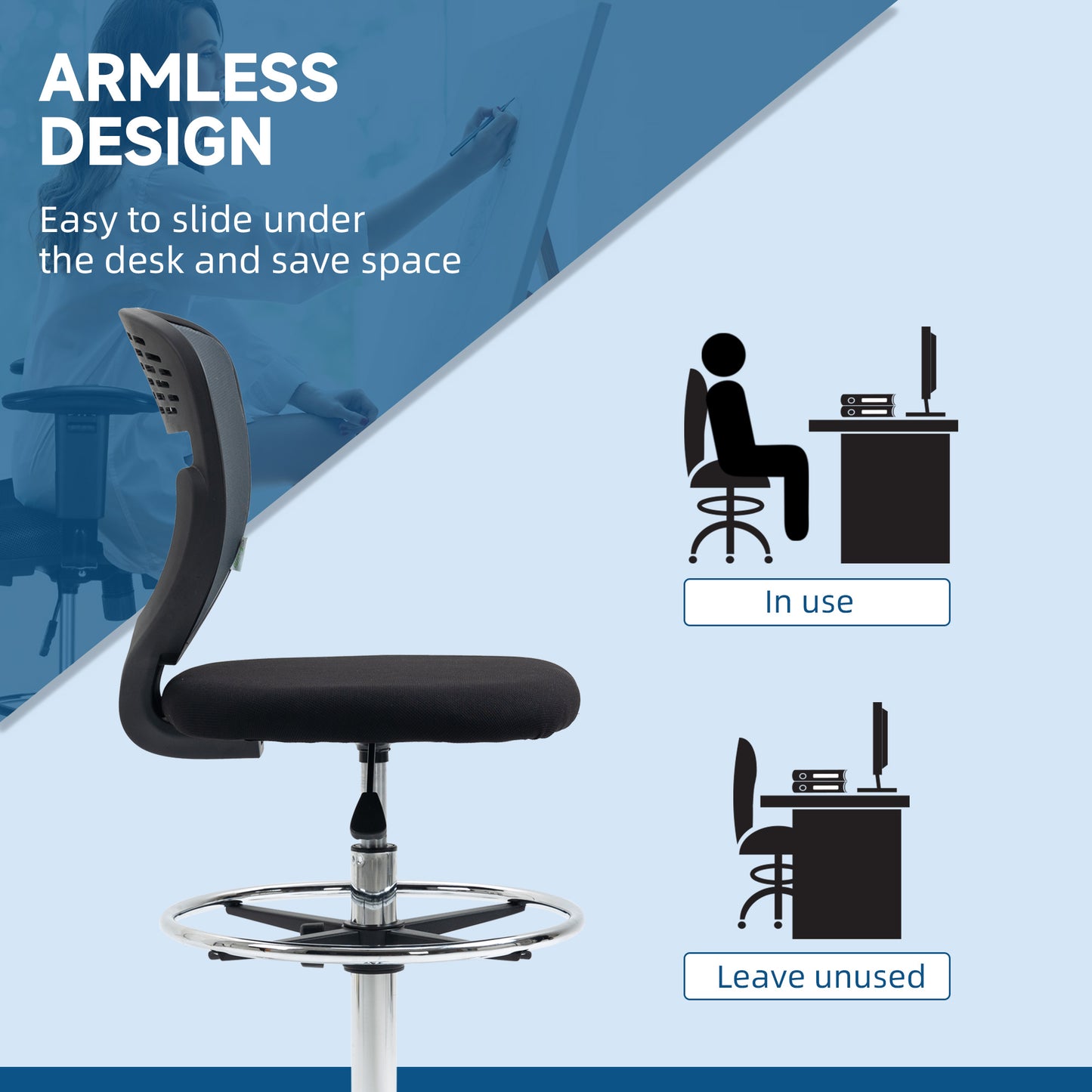 Vinsetto Drafting Chair, Swivel Office Draughtsman Chair, Mesh Standing Desk Chair with Adjustable Foot Ring, Armless, Grey