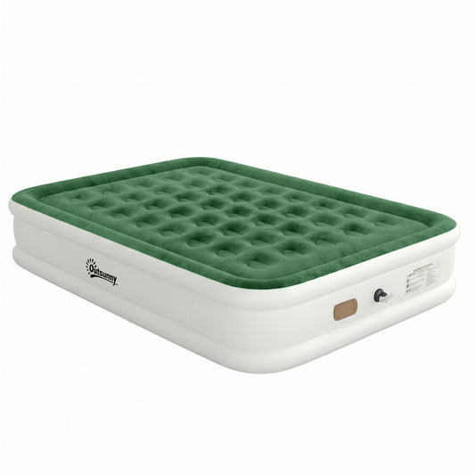 Photo of Outsunny Inflatable Mattress, Double Air Bed with Built-in Electric Pump, 3 Mins Inflation, Flocked Surface, Dark Green in Green colour on a white background