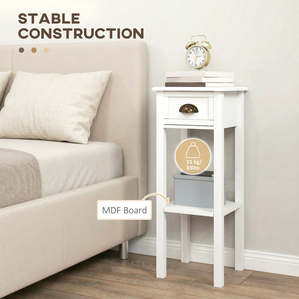 White side table with drawer and shelf, made with MDF board