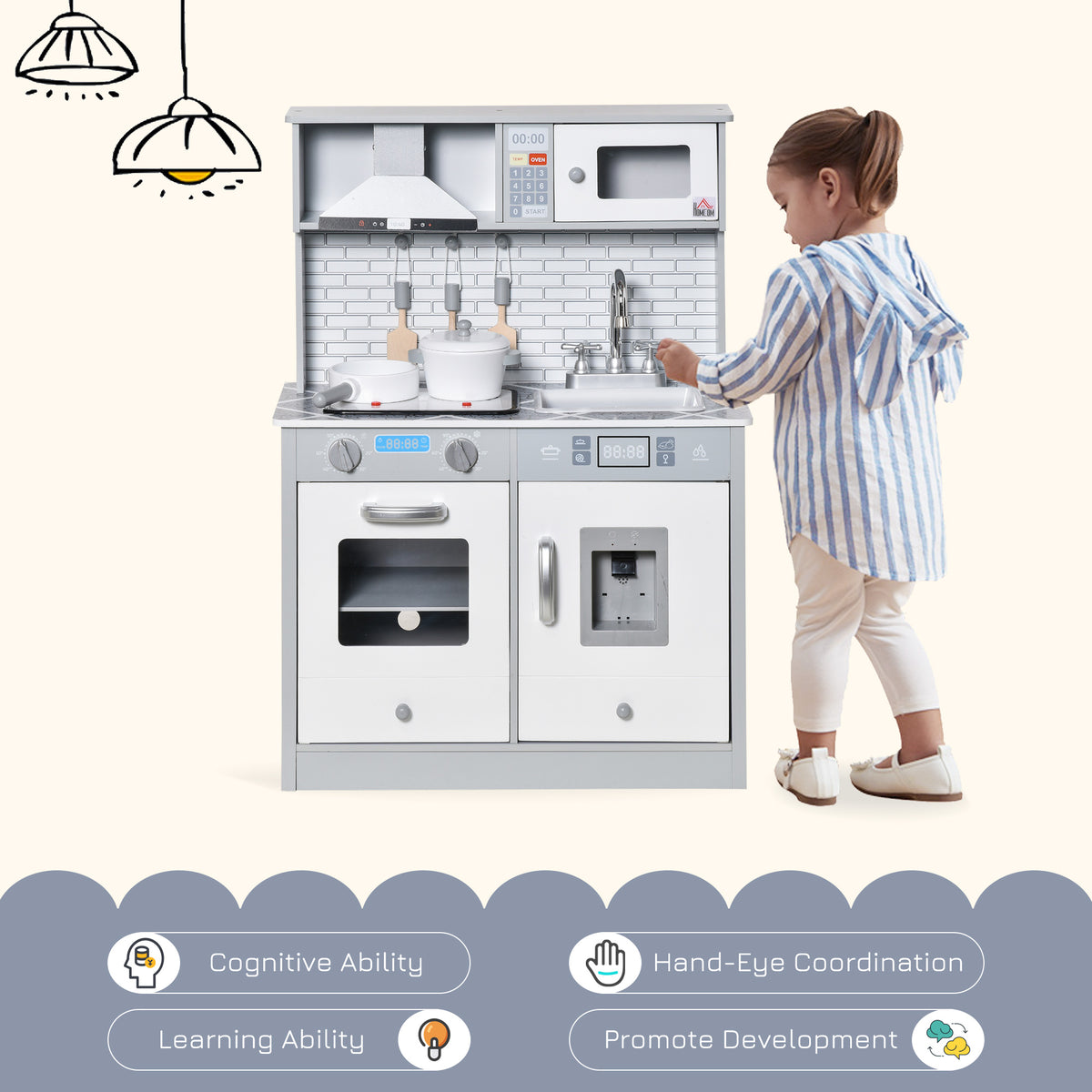 HOMCOM toy kitchen playset with cooktop, sink, oven, microwave, and ice machine
