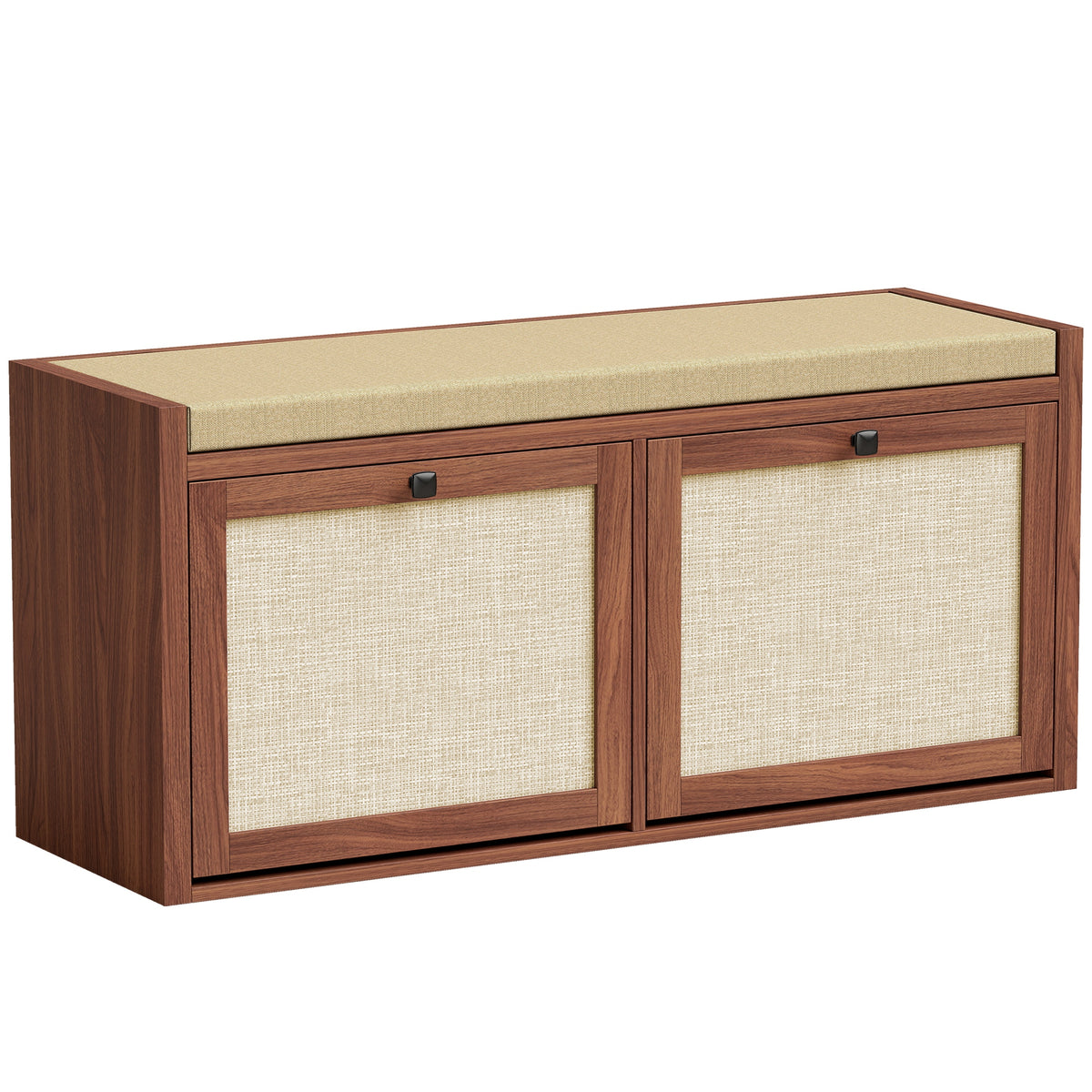 Photo of HOMCOM Rattan Shoe Bench with Padded Cushion and 2 Cabinets for Hidden Storage, Brown in Brown colour on a white background
