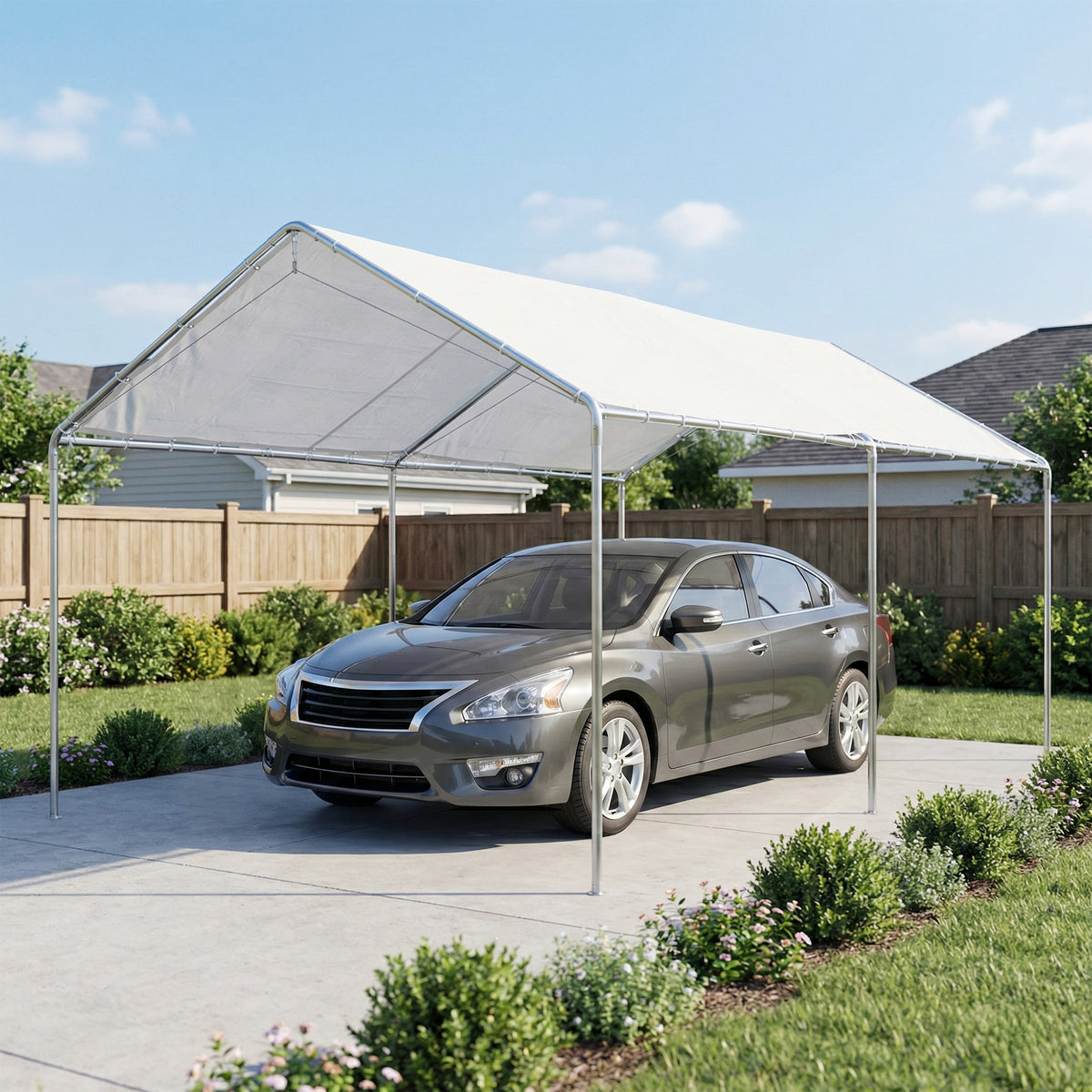 Outsunny white carport shelter covering a sedan