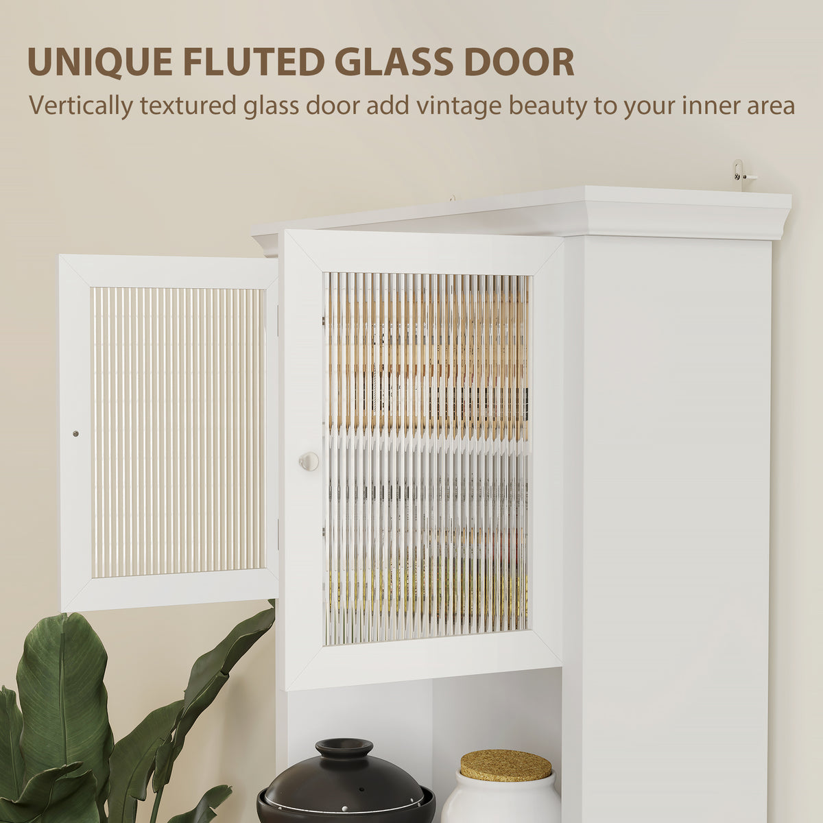 White kitchen cupboard with an open fluted glass door and vertically textured glass panel