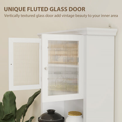 White kitchen cupboard with an open fluted glass door and vertically textured glass panel