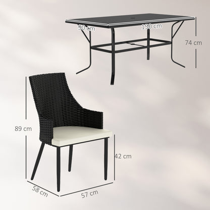 Outdoor dining set dimension diagram showing a woven chair and slatted table.