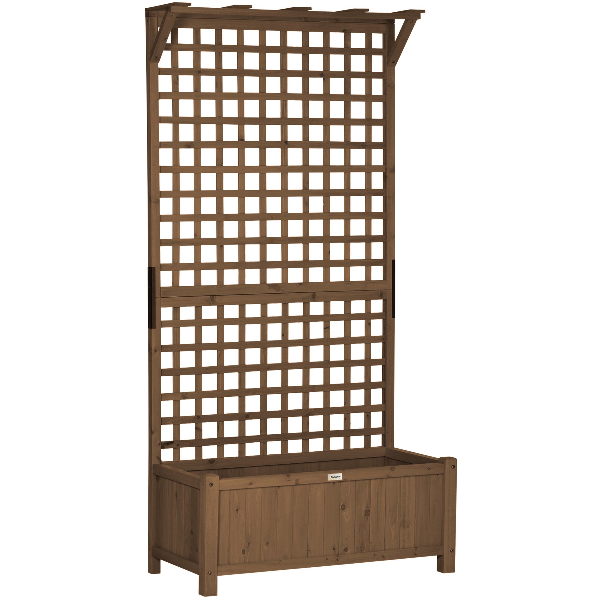 Photo of Outsunny Raised Bed with Drainage Holes, Wood Planter with Trellis for Climbing Plants to Grow Vegetables, Flowers, Brown in Brown colour on a white background
