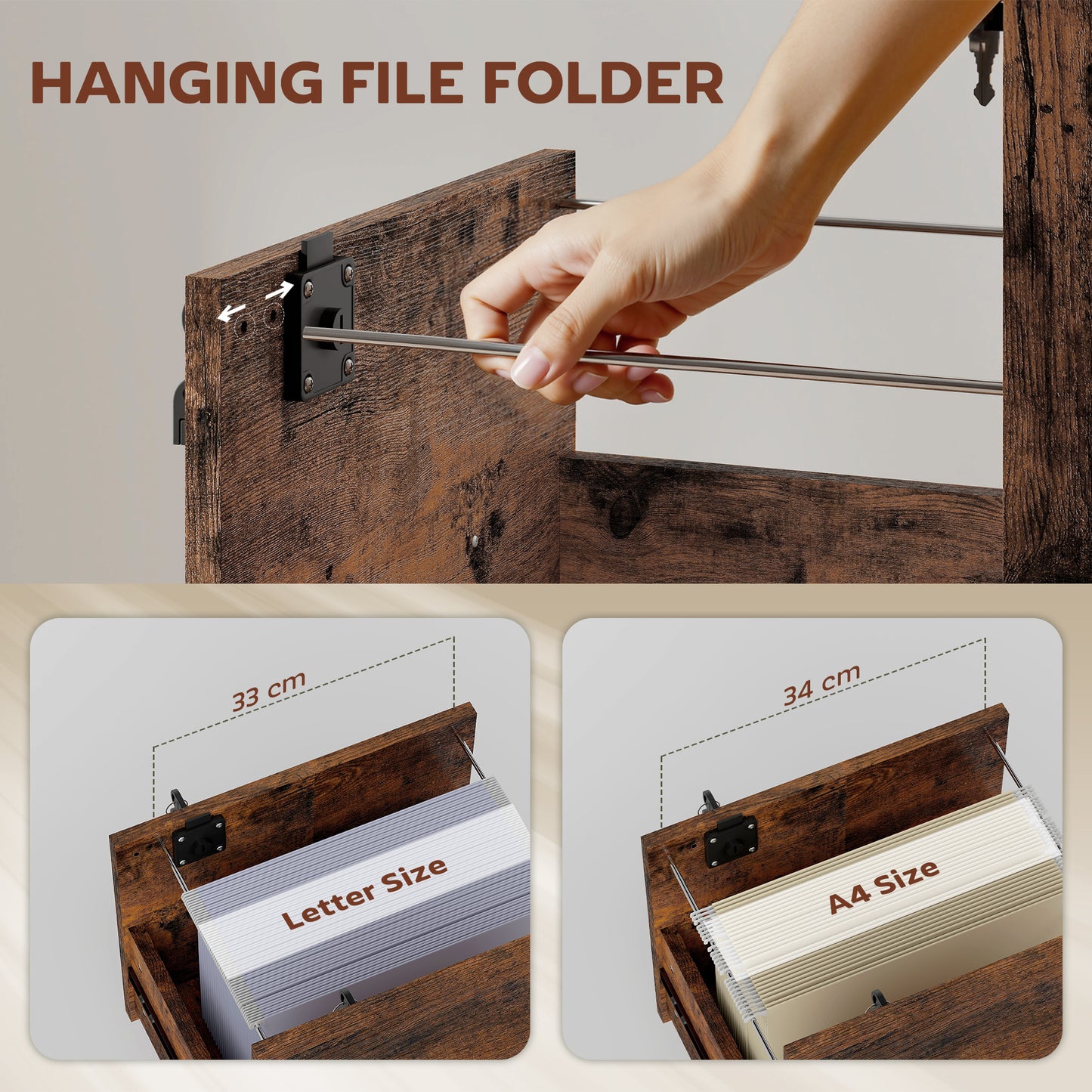 HOMCOM Rolling File Cabinet with 2 Drawers, Mobile Filing Cabinet with Hanging File Folder for Letter Sized Documents, Rustic Brown