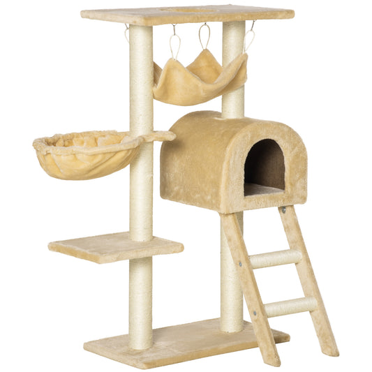 Photo of PawHut Cat Tree Tower for Indoor Cats Kitten Activity Centre Scratching Post w/ Hammock House Basket Ladder - Beige in Beige colour on a white background