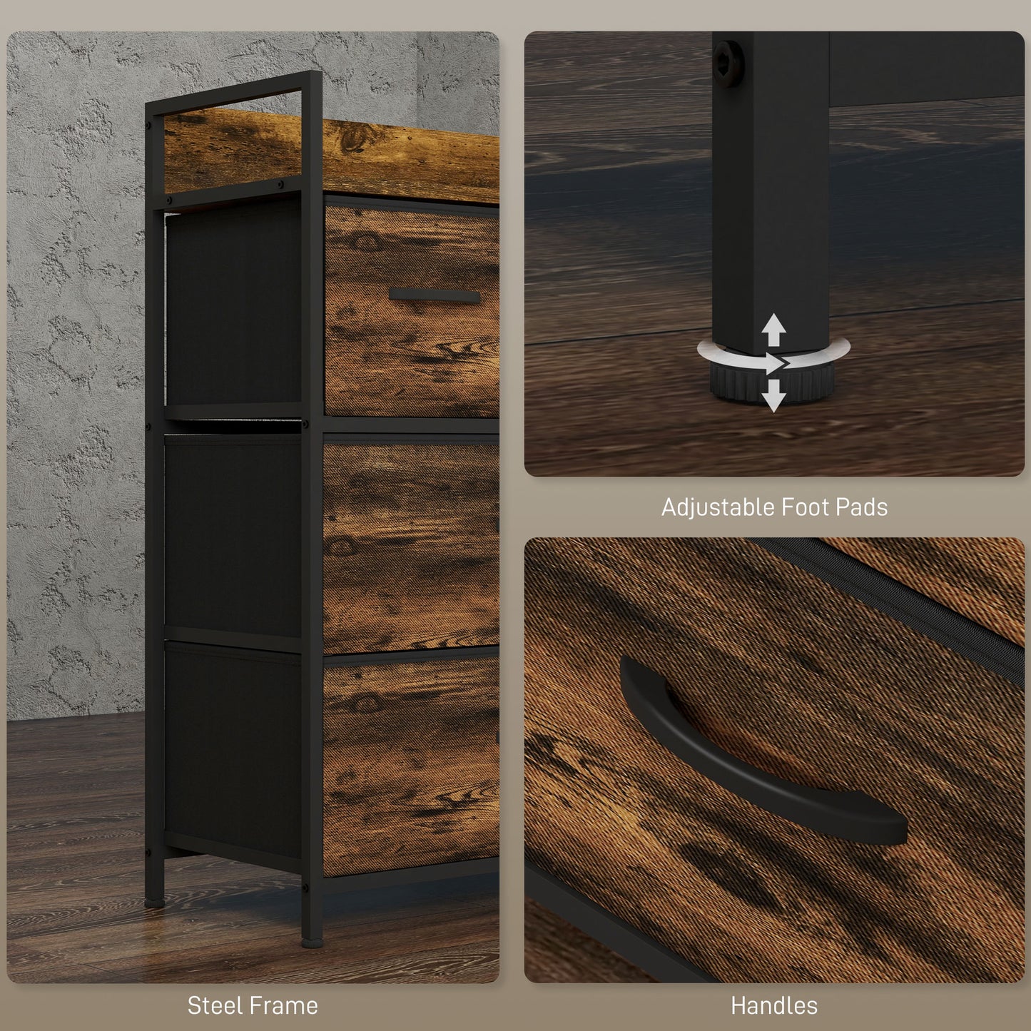 HOMCOM Rustic Chest of Four Fabric Drawers - Rustic Brown