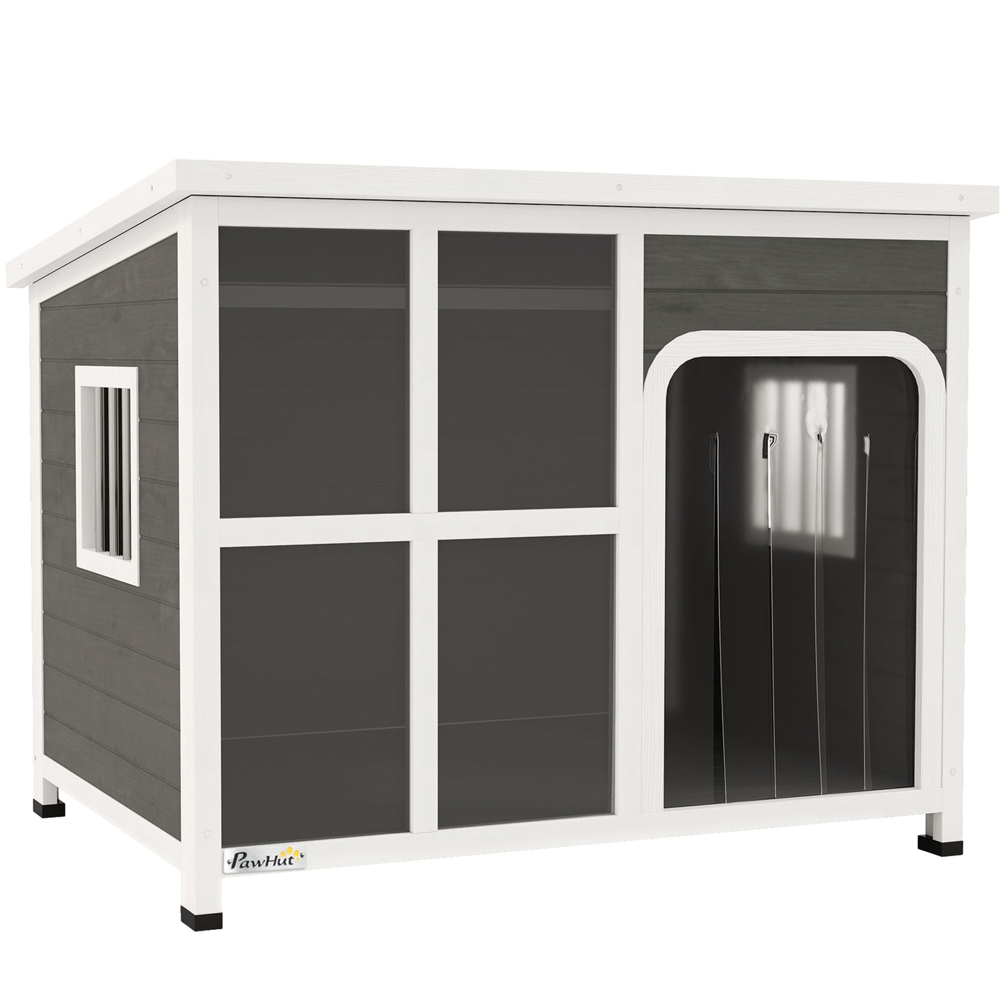 Photo of PawHut Wooden Outdoor Dog House, with Asphalt Openable Top, Removable Floor, Clear Front Panel, Curtain, 103 x 77 x 83cm in 83cm colour on a white background