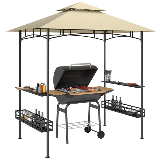 Photo of Outsunny 240 x 150cm Grill Gazebo Canopy, Double Tiered Outdoor BBQ Gazebo Shelter with 2 Side Shelves, Storage Baskets, Hook for Garden, Patio, Barbecue, Picnic, Beige in Beige colour on a white background