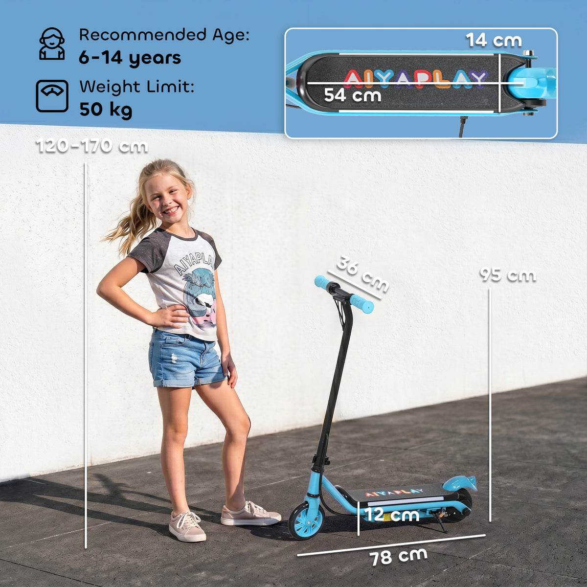 AIYAPLAY blue electric scooter with 78 cm length, 95 cm height and 54 cm deck