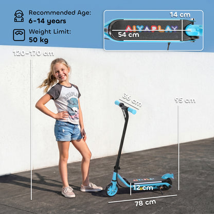 AIYAPLAY blue electric scooter with 78 cm length, 95 cm height and 54 cm deck
