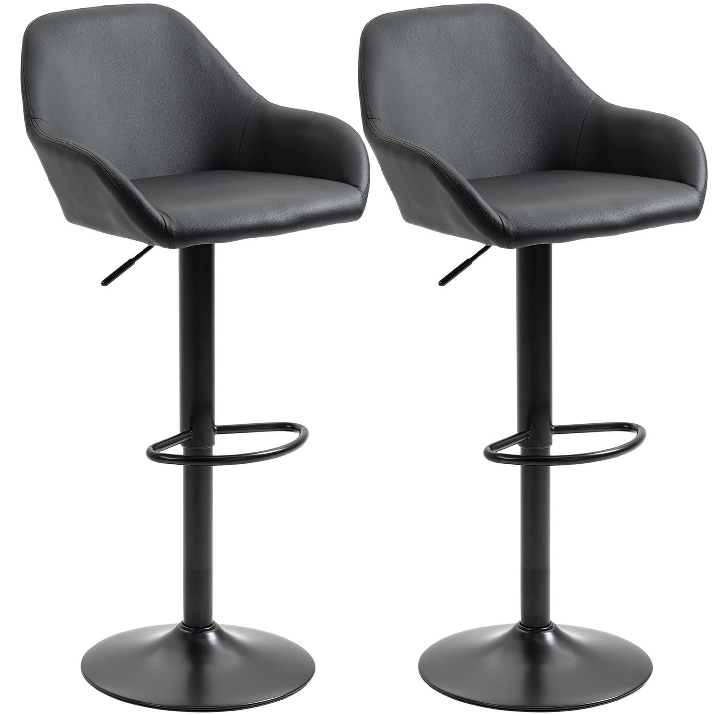 Photo of HOMCOM Adjustable Bar Stools Set of 2, Swivel PU Leather Barstools with Backrest & Footrest, Black in Black colour on a white background