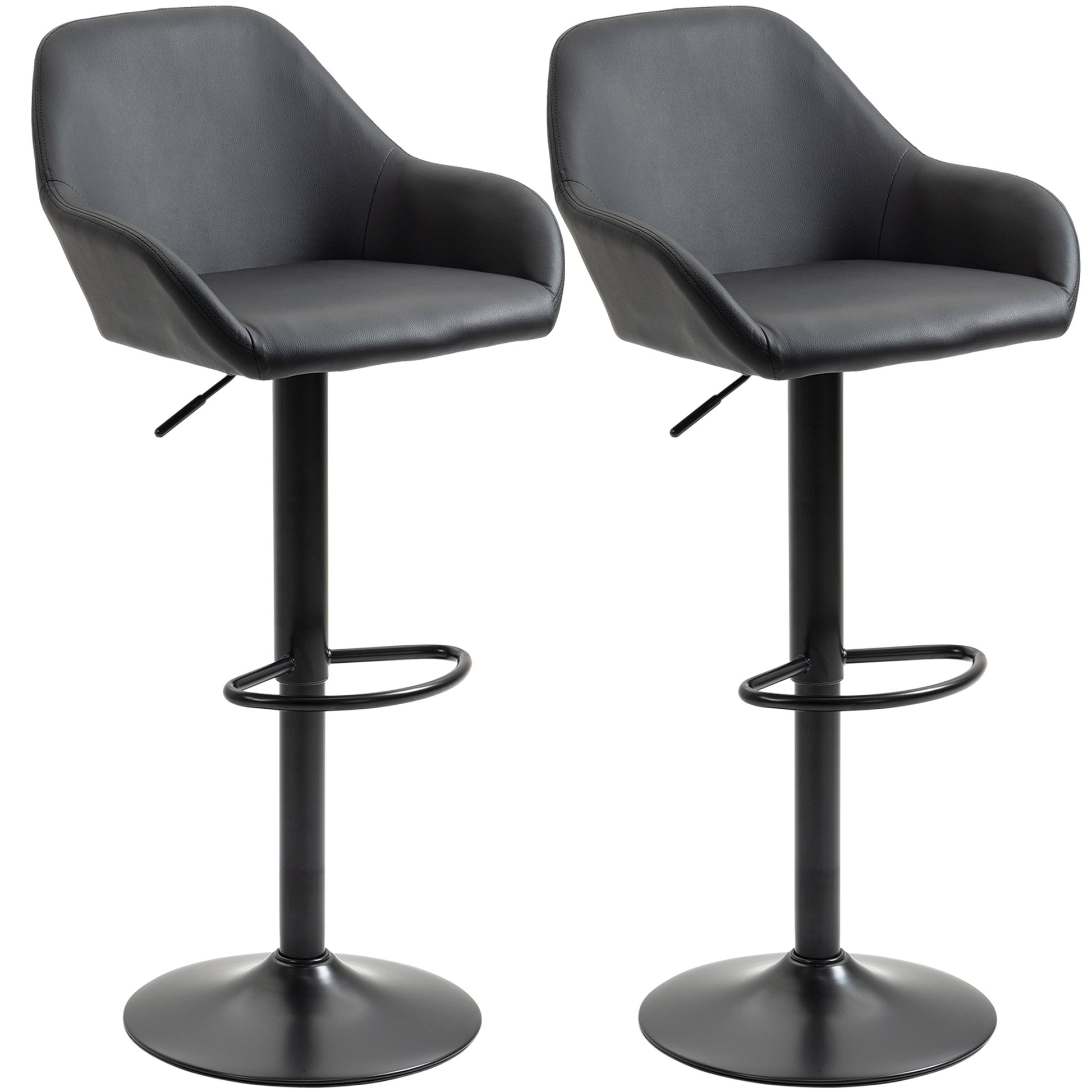 Photo of HOMCOM Adjustable Bar Stools Set of 2, Swivel PU Leather Barstools with Backrest & Footrest, Black in Black colour on a white background