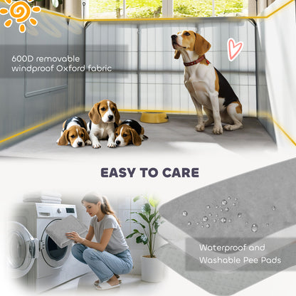 Gray dog whelping box with washable waterproof pads and removable fabric lining