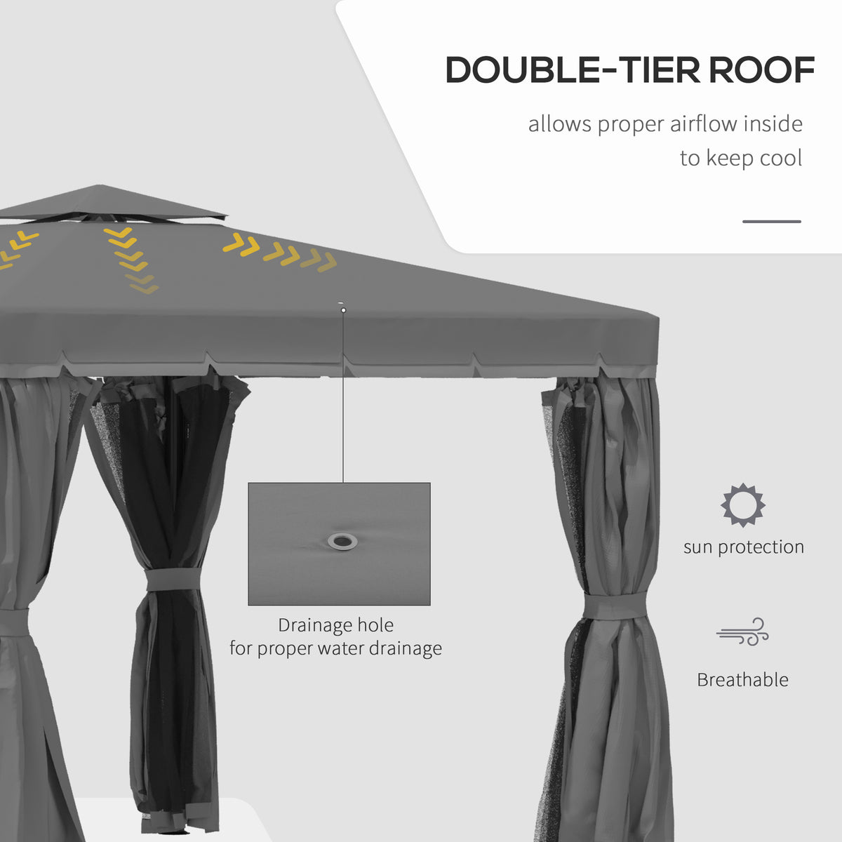 Gazebo two-tier roof with drainage hole and tied-back curtains