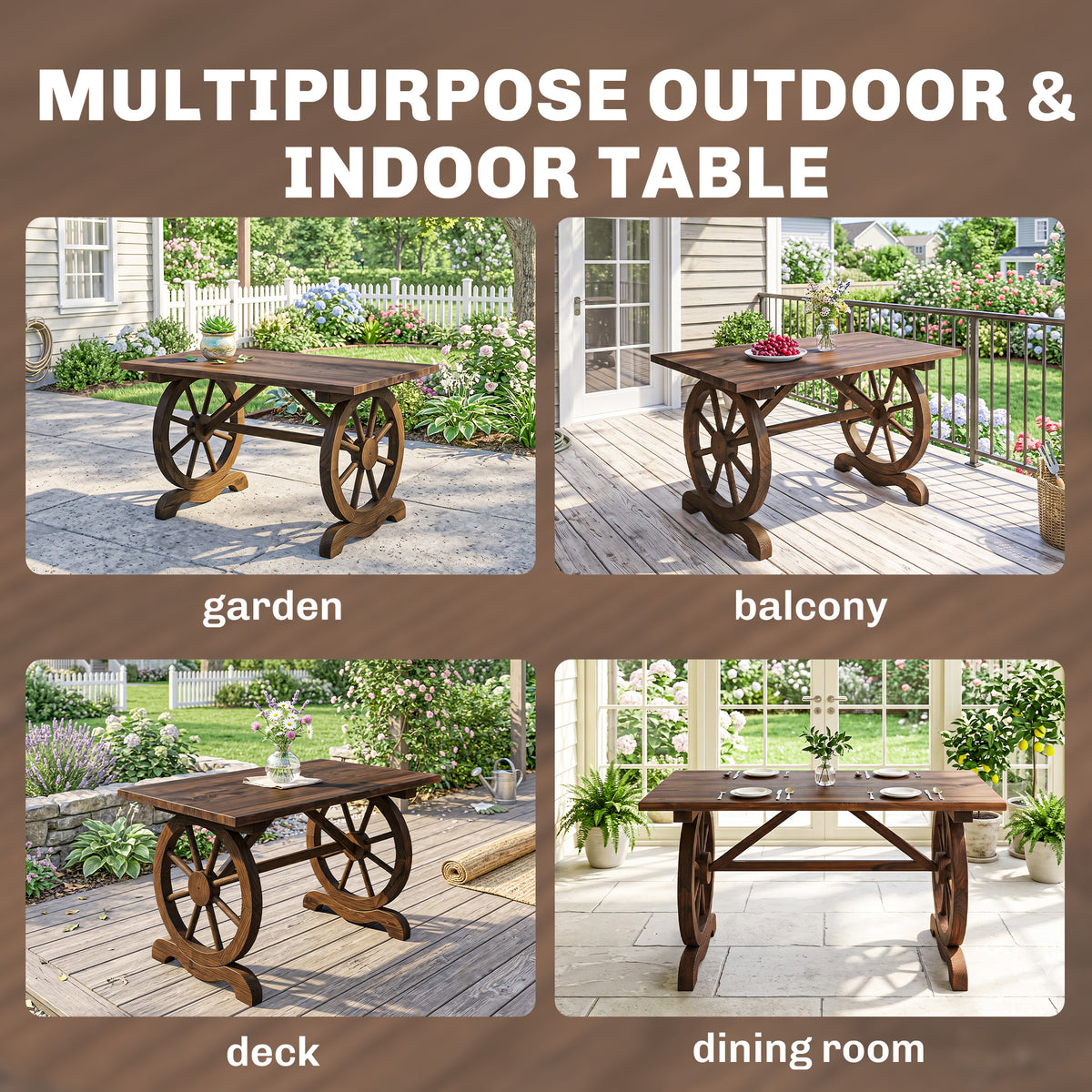 Outsunny wooden wagon wheel table shown in garden, balcony, deck, and dining room settings