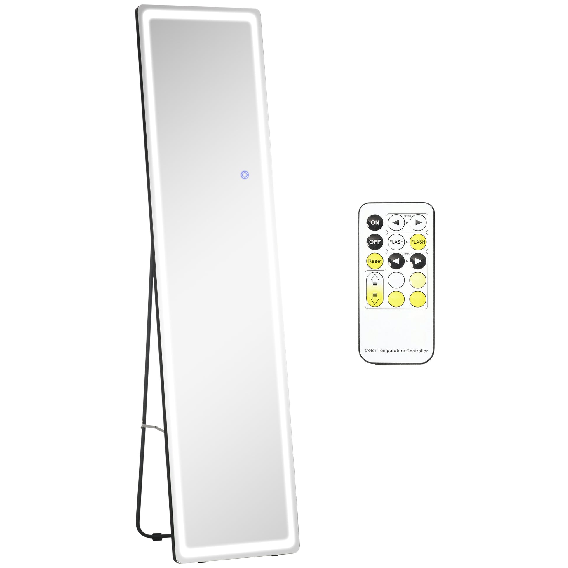 Photo of HOMCOM Full-Length Mirror, 160 x 40 cm, Wall Mounted, Freestanding Floor Mirror with LED Lights and Remote Control, Dimming & 3 Colour Modes, for Bedroom, Black in Black colour on a white background