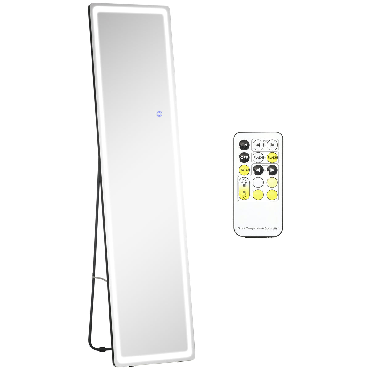 Photo of HOMCOM Full-Length Mirror, 160 x 40 cm, Wall Mounted, Freestanding Floor Mirror with LED Lights and Remote Control, Dimming & 3 Colour Modes, for Bedroom, Black in Black colour on a white background