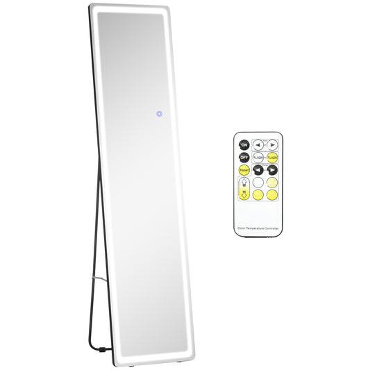 Photo of HOMCOM Full-Length Mirror, 160 x 40 cm, Wall Mounted, Freestanding Floor Mirror with LED Lights and Remote Control, Dimming & 3 Colour Modes, for Bedroom, Black in Black colour on a white background
