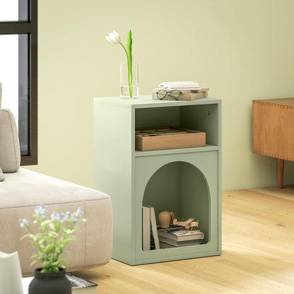 Light green bedside table with an arched lower compartment and a wooden tray on the upper shelf