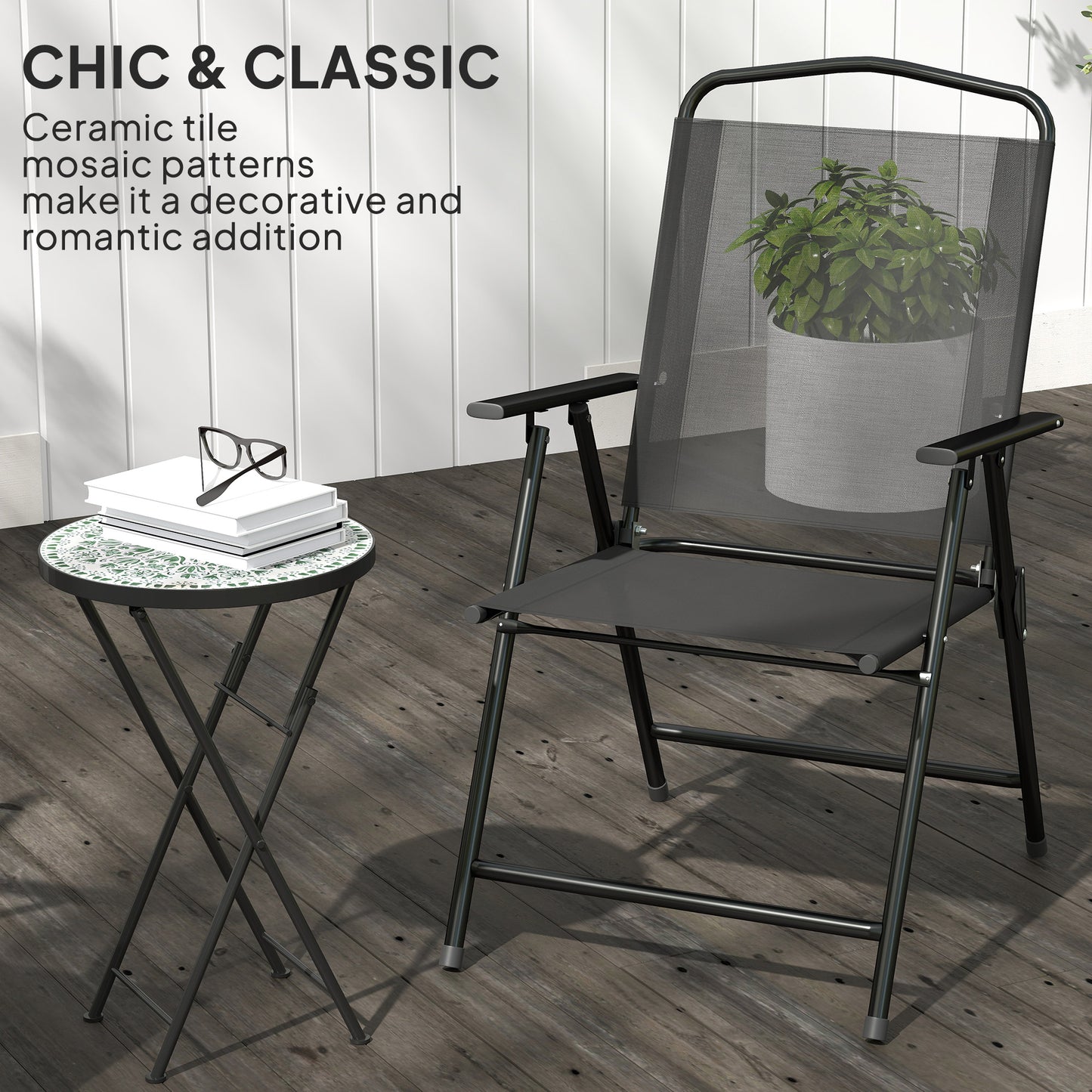 Outsunny Mosaic Outdoor Garden Table, 35.5cm Round Folding Coffee Table with Metal Frame for Balcony Terrace, Green