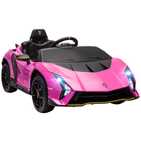 Photo of AIYAPLAY 12V Lamborghini Autentica Licensed Kids Electric Car with Remote Control, 4 Suspension Wheels, Soft Start, Pink in Pink colour on a white background