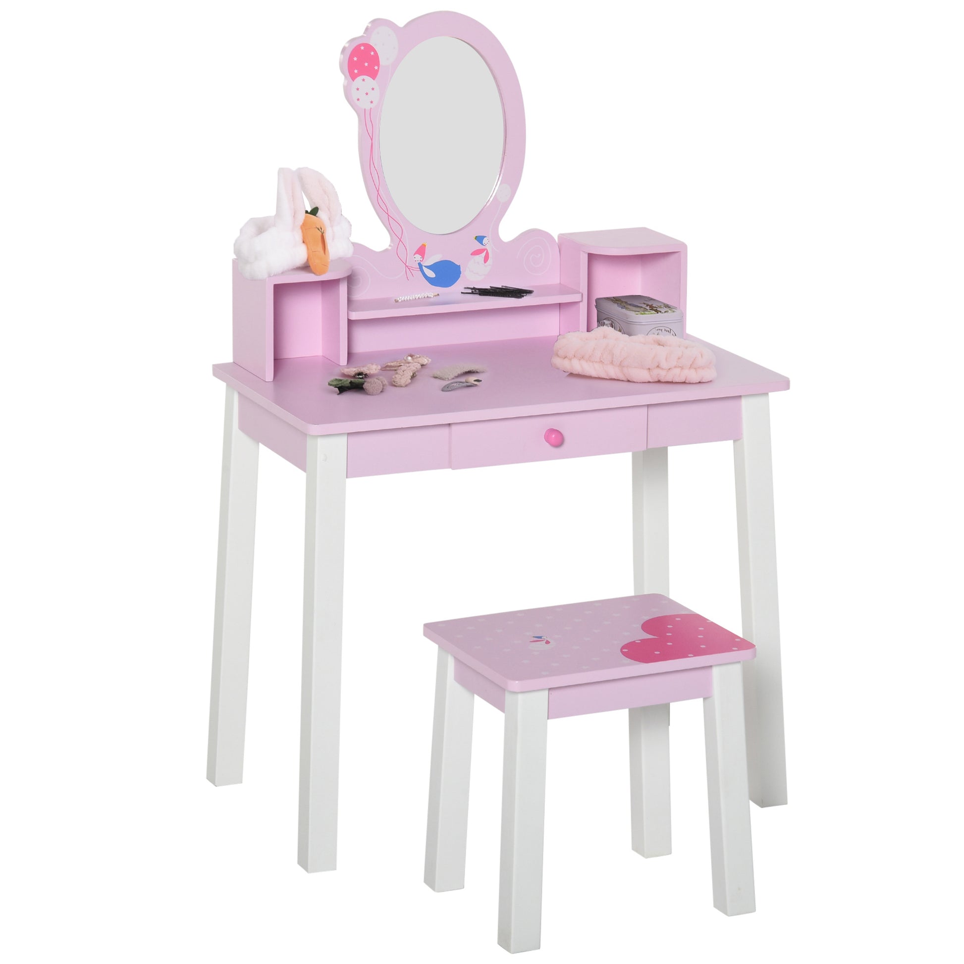 Photo of HOMCOM Kids Wooden Dressing Table and Stool Make Up Desk (Pink) in (Pink) colour on a white background