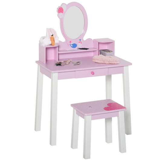 Photo of HOMCOM Kids Wooden Dressing Table and Stool Make Up Desk (Pink) in (Pink) colour on a white background