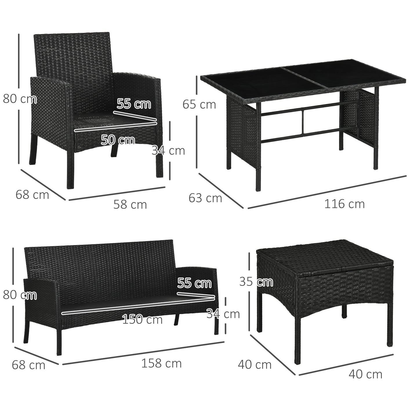 Outsunny 7 Seater Rattan Garden Furniture Set, 6 Piece Garden Dining Set, Armchairs, 3-Seater Sofa, Footstools, Glass Dining Table, Cushions, Wicker Outdoor Furniture for Conservatory Patio, Cream