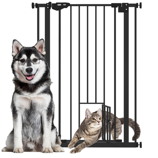 Photo of PawHut Extra Tall Pet Gate, Indoor Dog Safety Gate, with Cat Flap, Auto Close, 74-80cm Wide - Black in Black colour on a white background