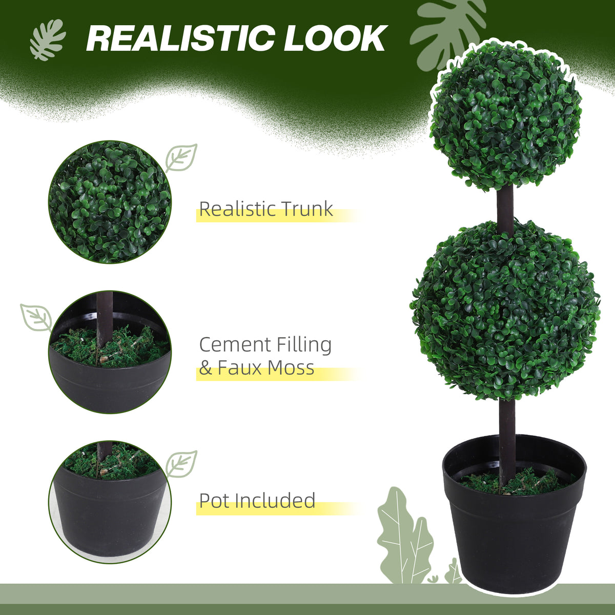 Outsunny artificial boxwood topiary with two green foliage balls, a dark trunk and black pot