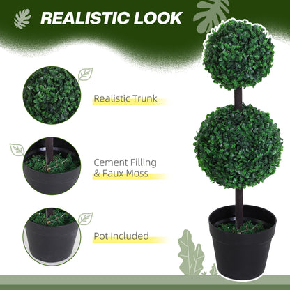 Outsunny artificial boxwood topiary with two green foliage balls, a dark trunk and black pot