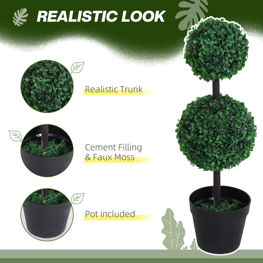 Outsunny artificial boxwood topiary with two green foliage balls, a dark trunk and black pot