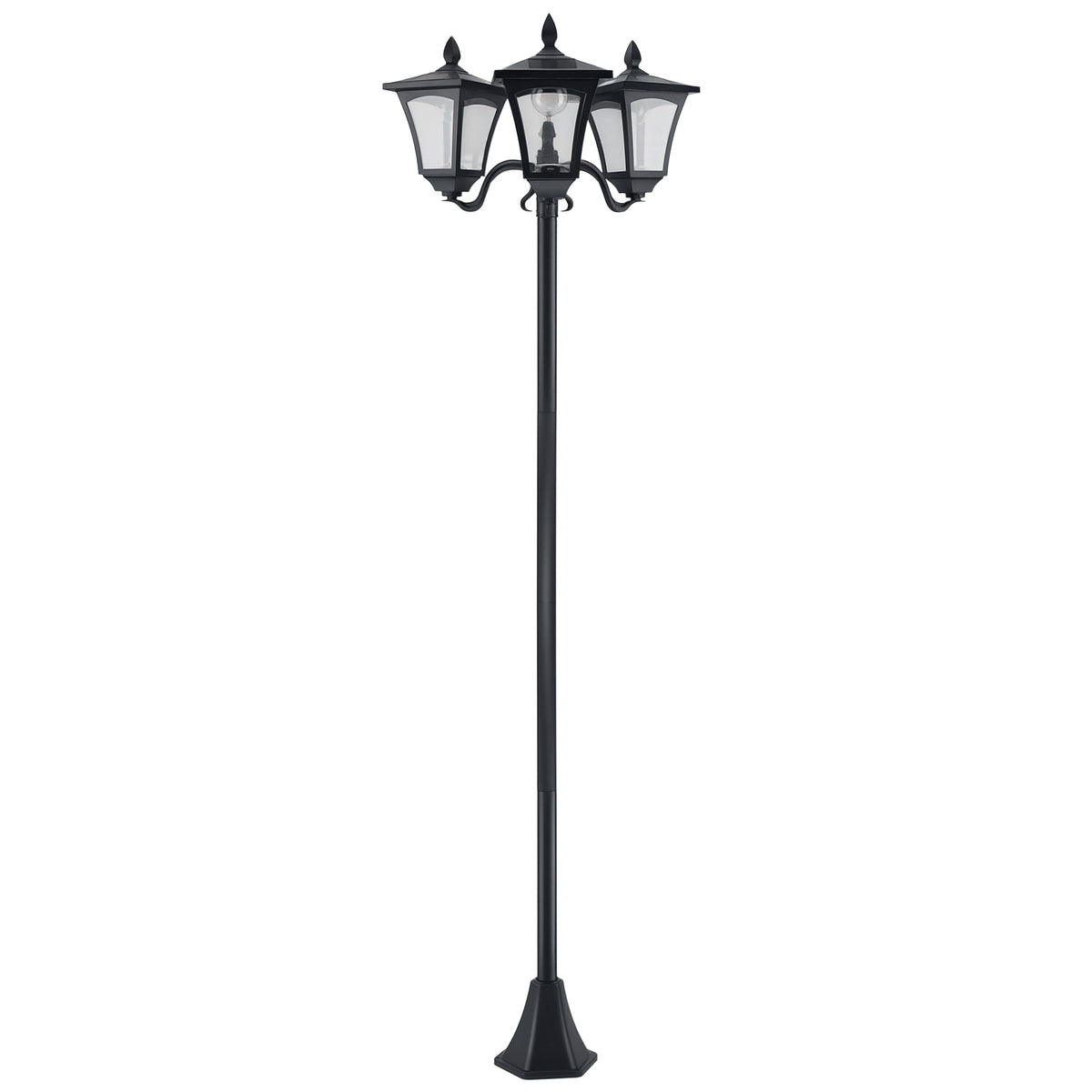 Black three-head Victorian-style solar garden lamp with tall post and clear lantern panels