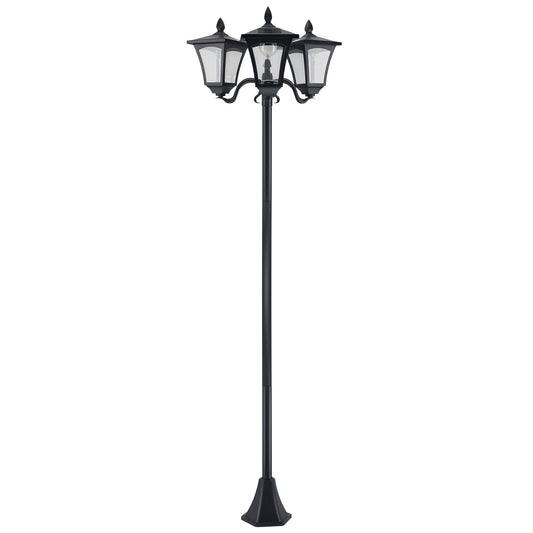 Black three-head Victorian-style solar garden lamp with tall post and clear lantern panels