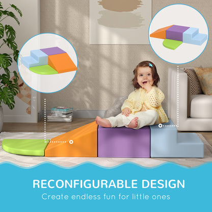 Toddler foam play set rearranged into a row with green pad, orange ramp, purple block, and blue steps