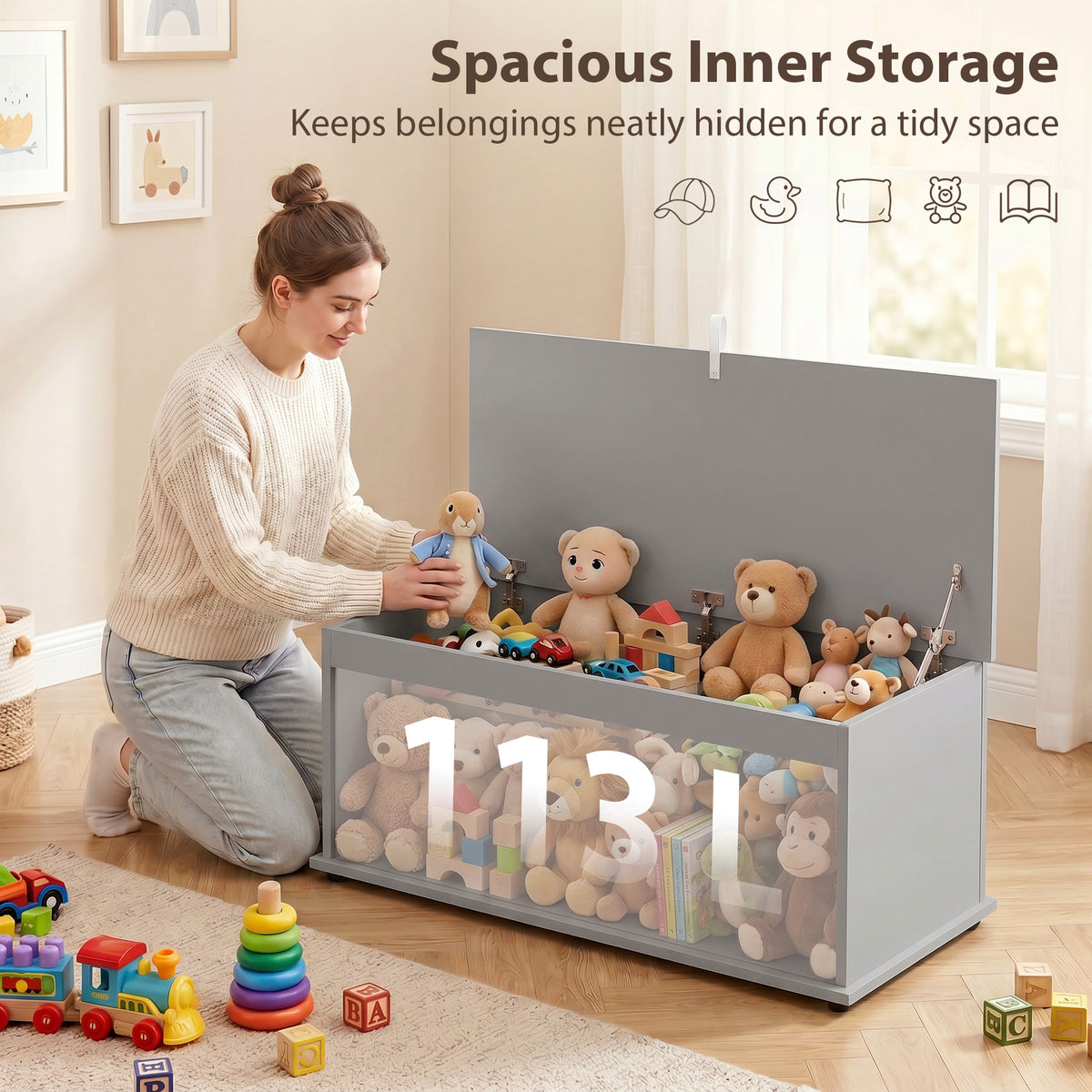 HOMCOM grey storage chest filled with toys, with the lid open