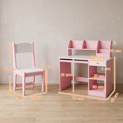 Pink kids' desk and chair set with dimensions labeled for the desk and chair