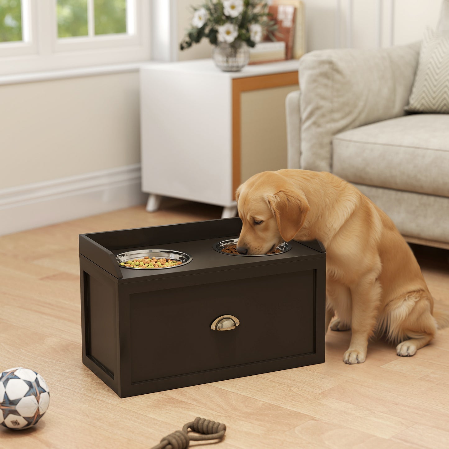 PawHut Stainless Steel Raised Dog Bowls, with 21L Storage Drawer for Large Dogs - Brown